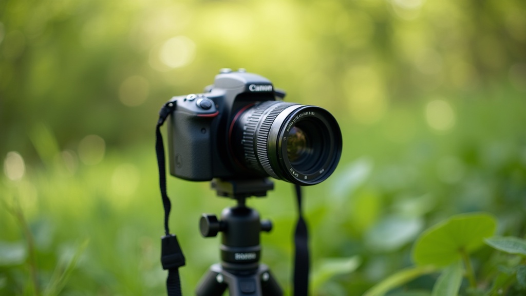 A close-up of a camera and telephoto lens set up on a tripod, ready for bird photography outdoors, with blurred green foliage in the background.