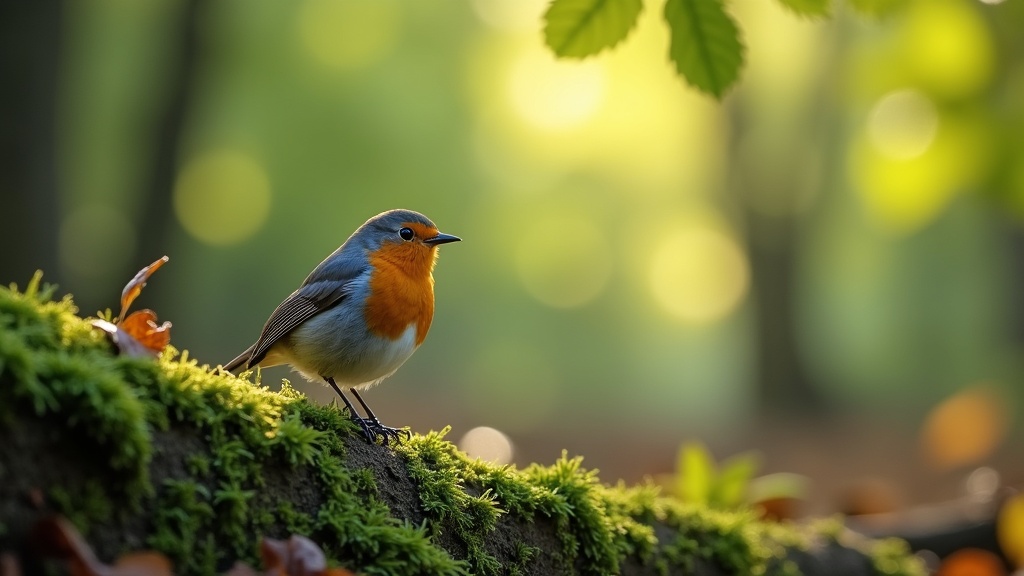 A colorful songbird perched on a mossy branch in a quiet woodland setting