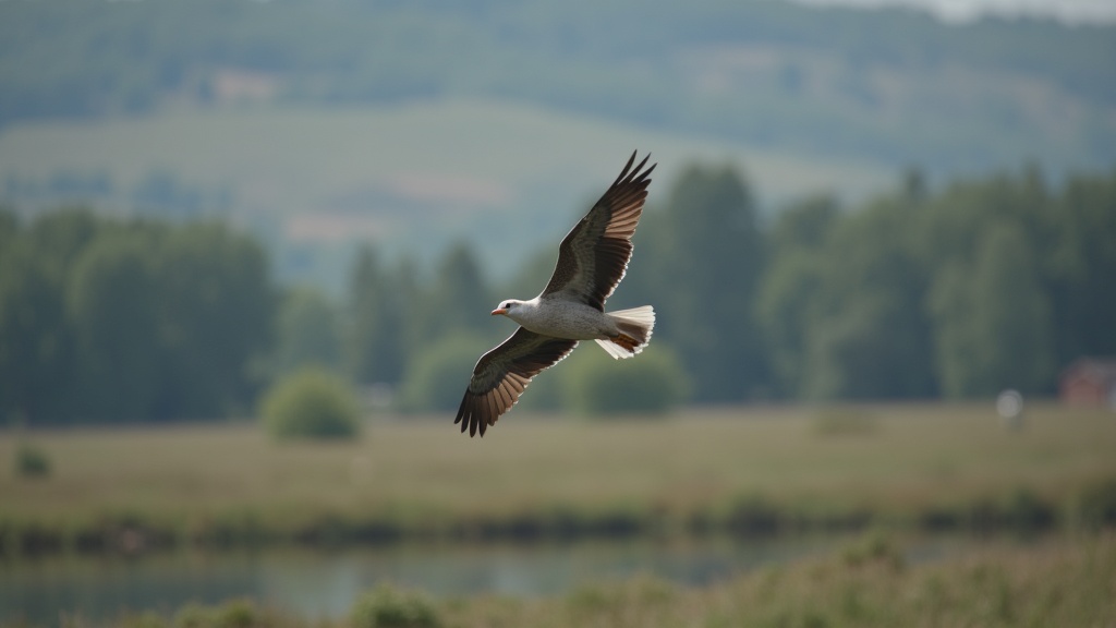 A sharp photograph of a bird in flight over a natural landscape