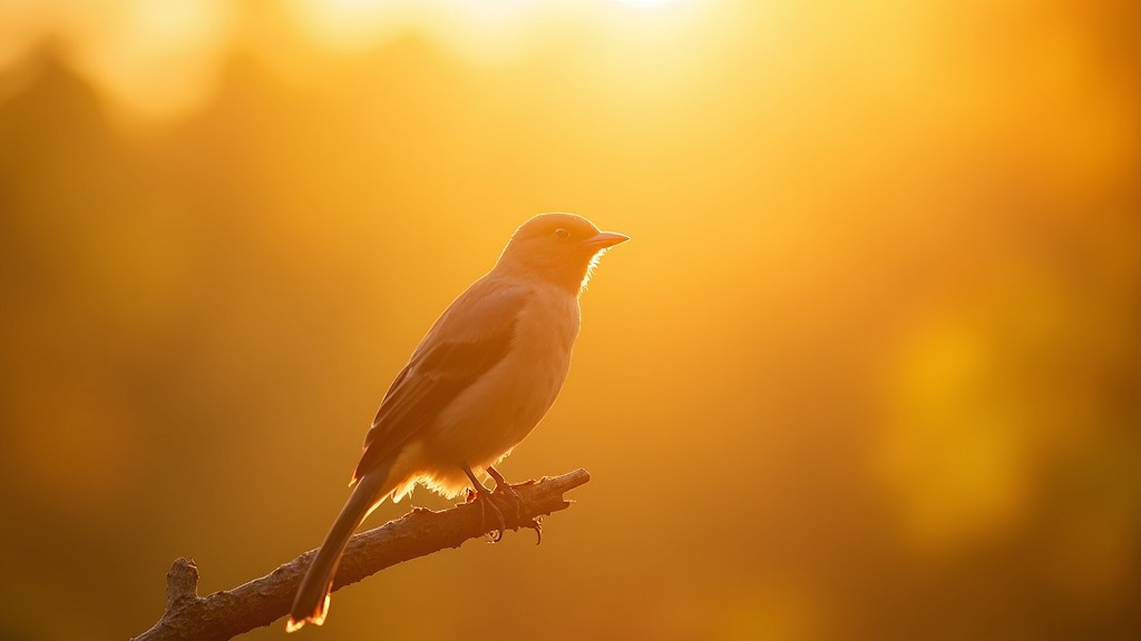 A golden hour scene with a bird perched on a branch surrounded by warm sunlight, soft shadows, and glowing colors in the background