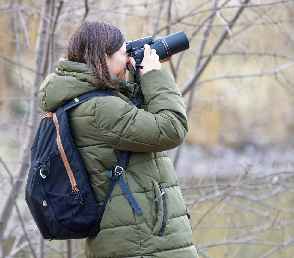 woman photographing birds